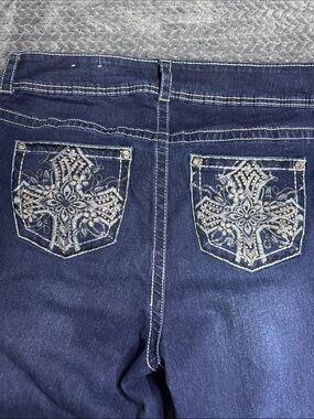 Copper Flash Embroidered Dark Blue Women's Jeans with Rhinestone Pocket Detail